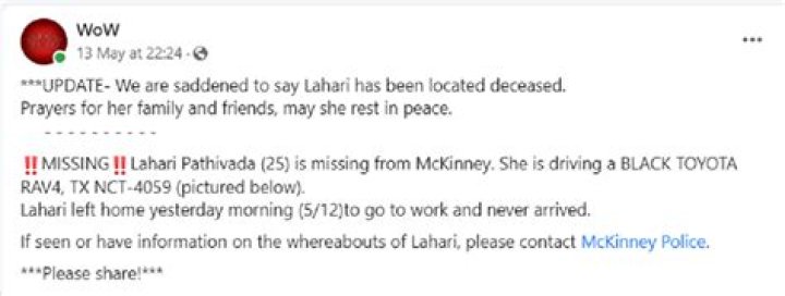 Where was Lahari Pathivada last seen? Body reportedly found in search for missing 25-year old McKinney woman